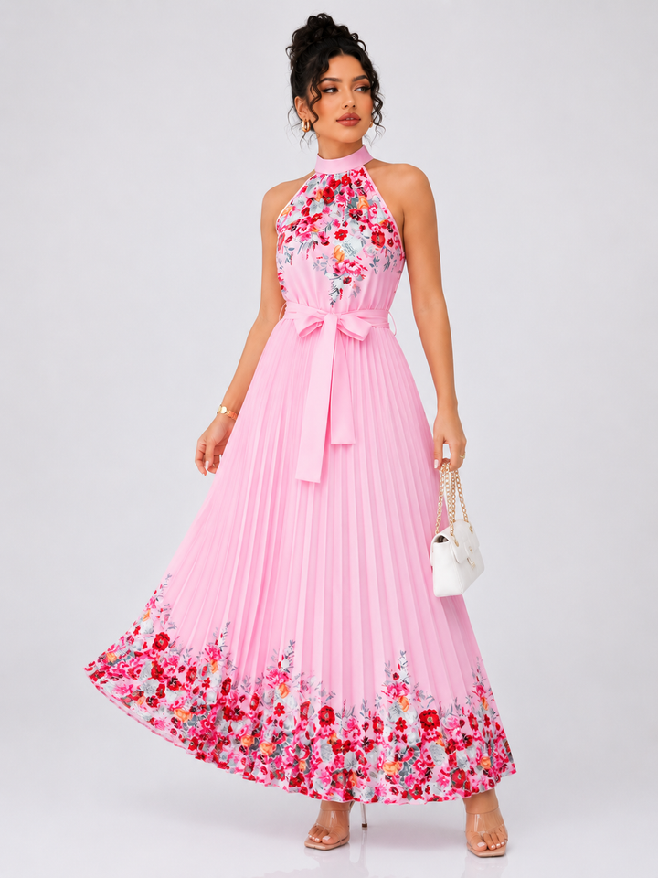 Floral Pleated Halter Maxi Dress