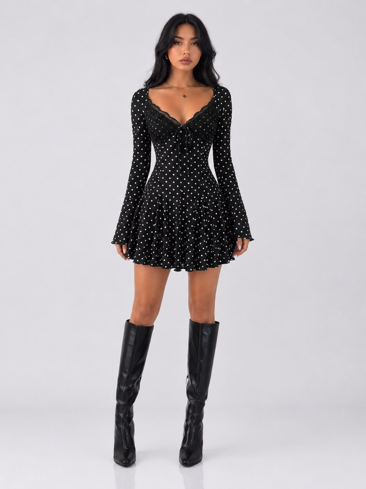 Polka Dot Lace Trimmed V-Neck Mini Dress
