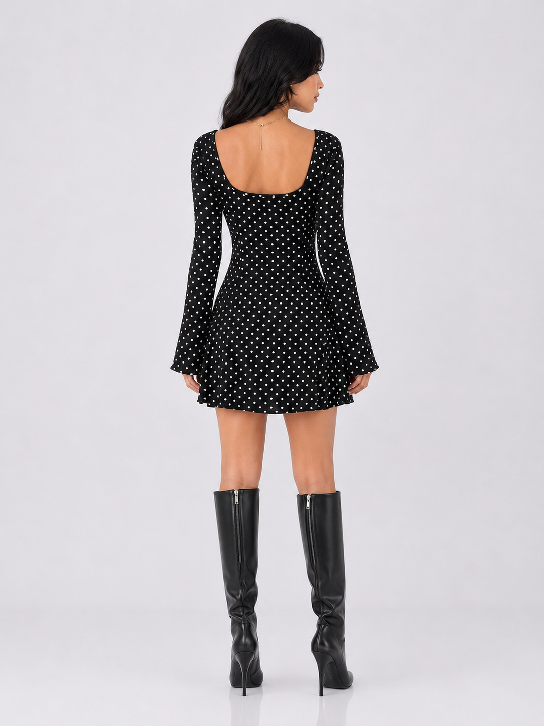 Polka Dot Lace Trimmed V-Neck Mini Dress