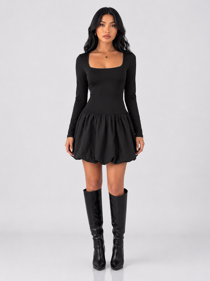 Square Neck Long Sleeve Bubble Hem Dress