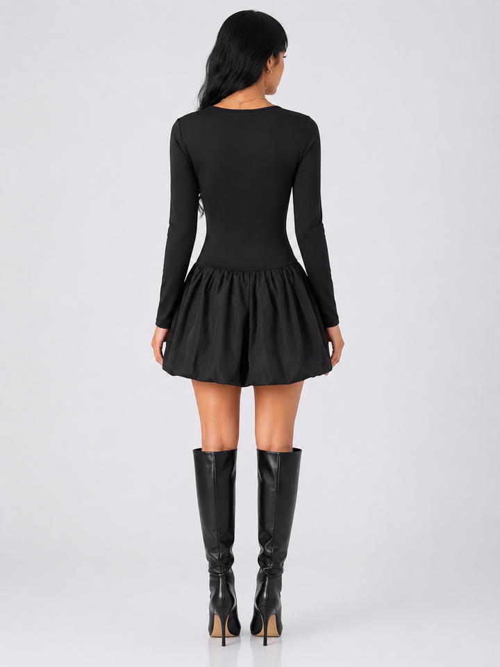 Square Neck Long Sleeve Bubble Hem Dress