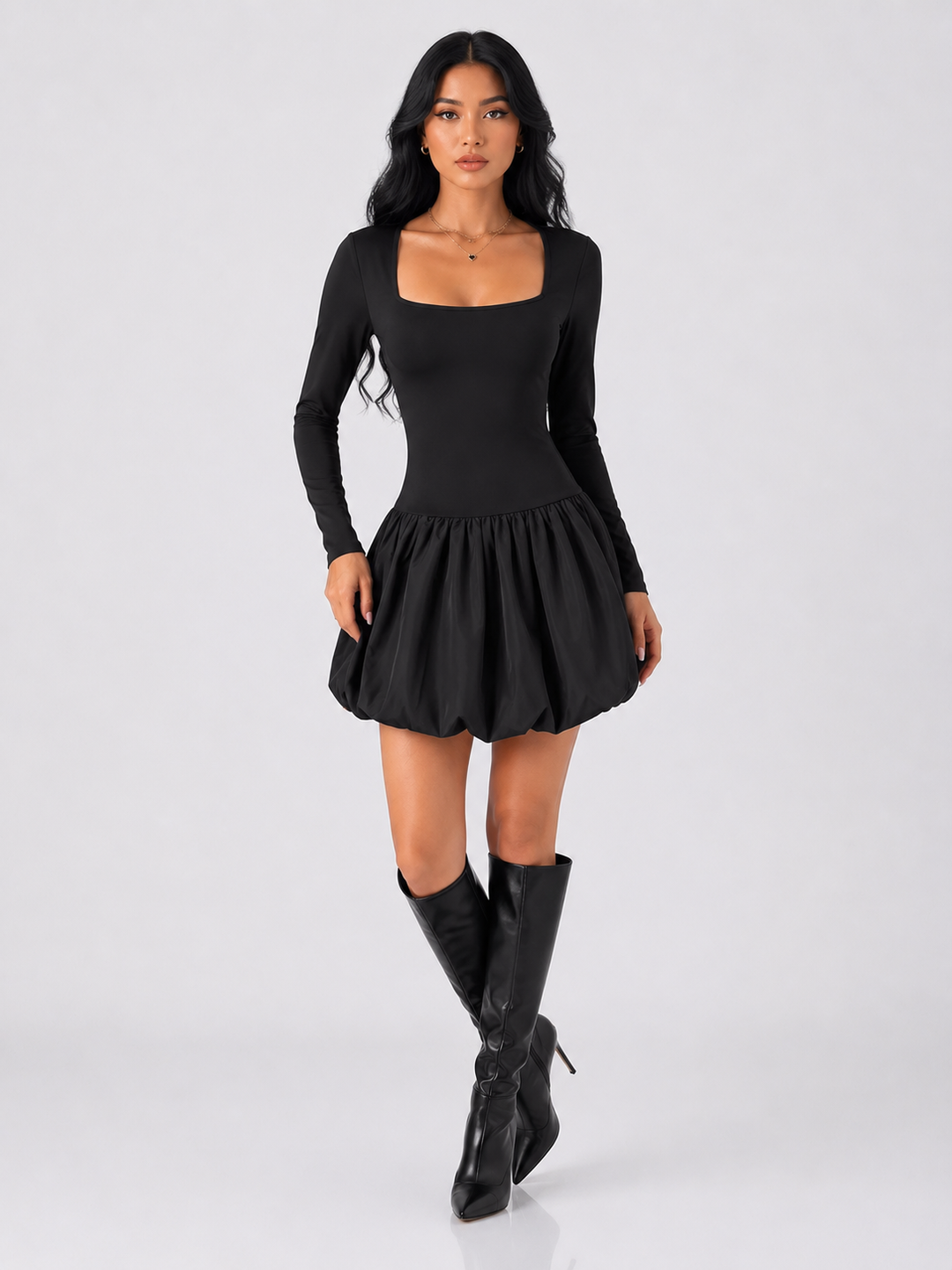 Square Neck Long Sleeve Bubble Hem Dress