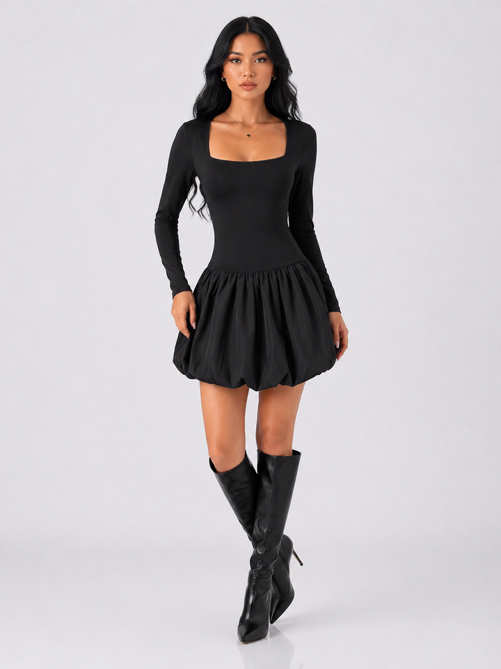 Square Neck Long Sleeve Bubble Hem Dress