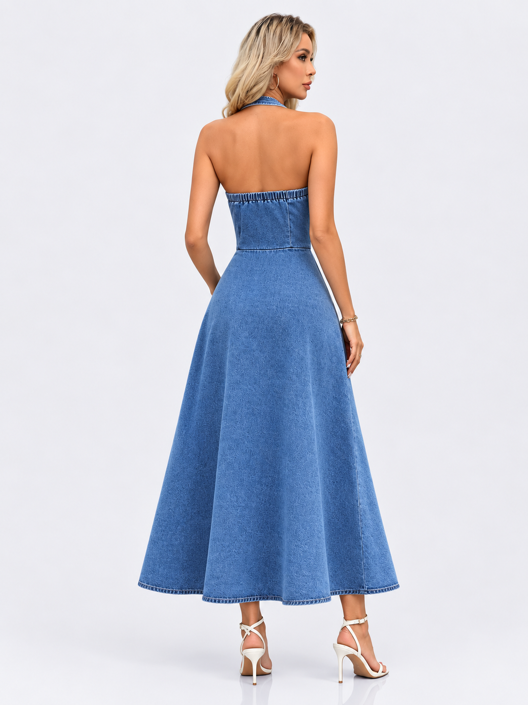 Halter Neck Button-Down Denim Dress