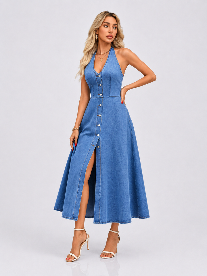 Halter Neck Button-Down Denim Dress