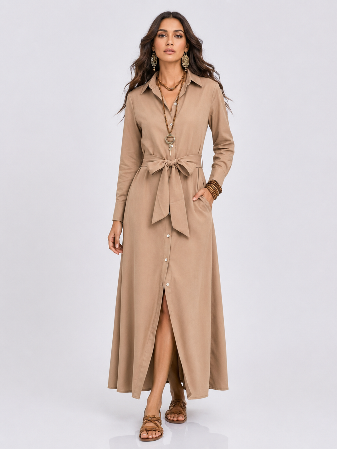 Tie Waist Long Sleeve Shirt Dress Plus Size