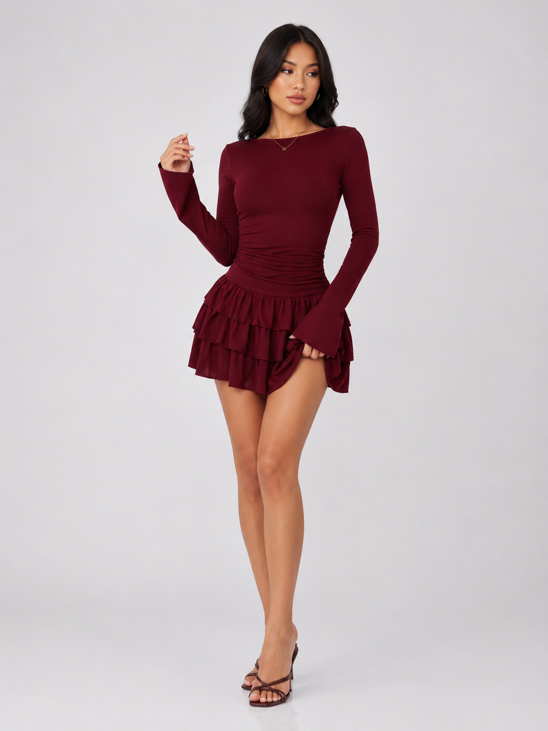 Ruched Long Sleeve Ruffle Mini Dress