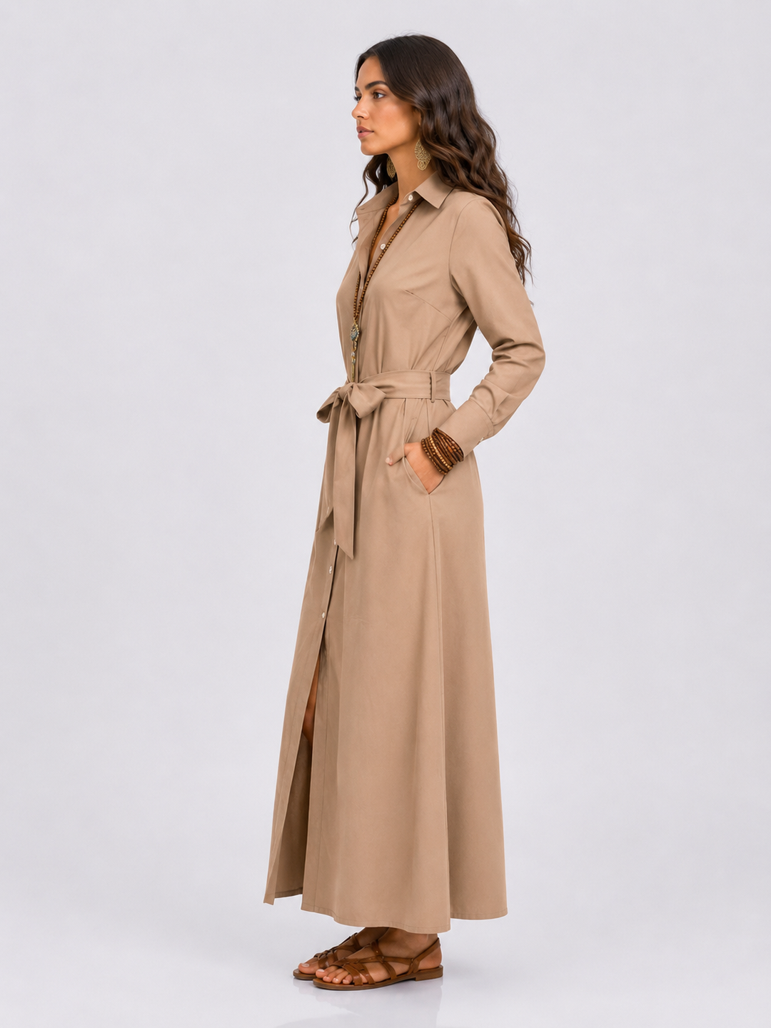 Tie Waist Long Sleeve Shirt Dress Plus Size