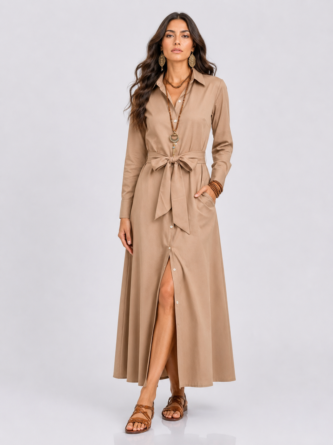 Tie Waist Long Sleeve Shirt Dress Plus Size