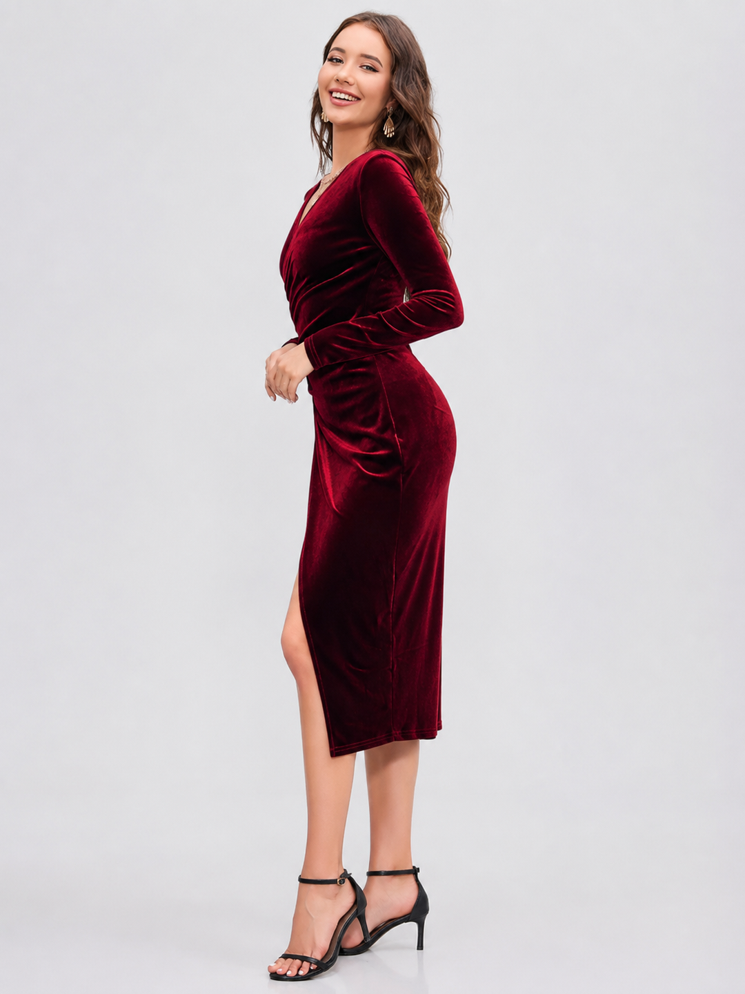 Ruched Slit Surplice Wrap Dress