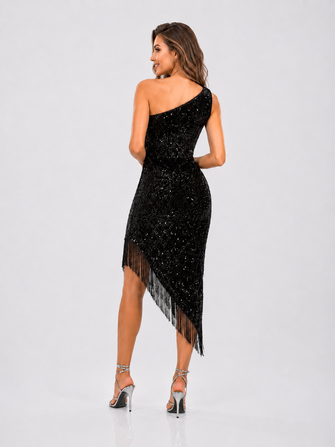 One-Shoulder Sequin Dress with Asymmetrical Fringe Hem