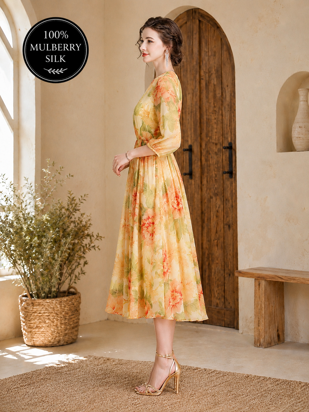 Mulberry Silk Floral Midi Dress