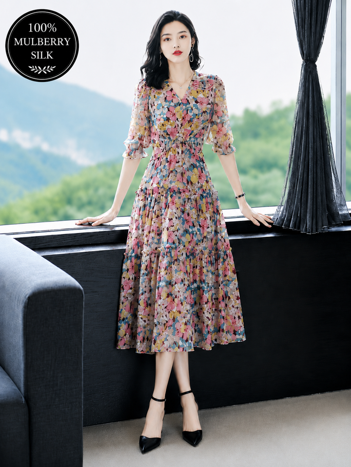 Mulberry Silk Floral Swing Maxi Dress