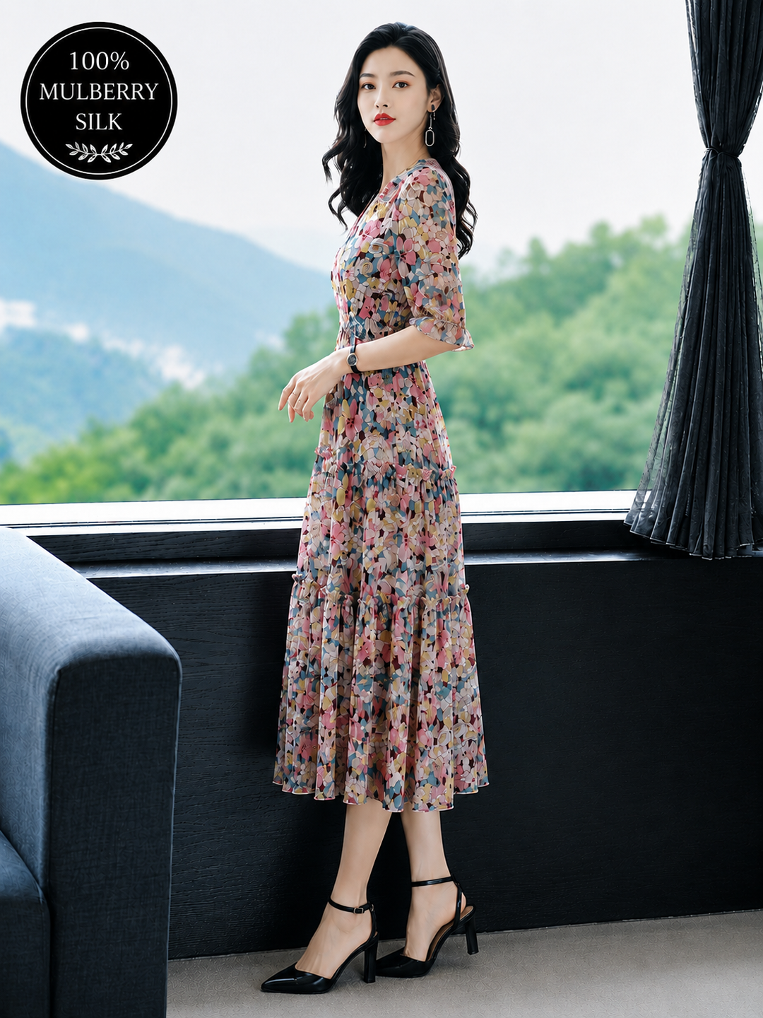 Mulberry Silk Floral Swing Maxi Dress