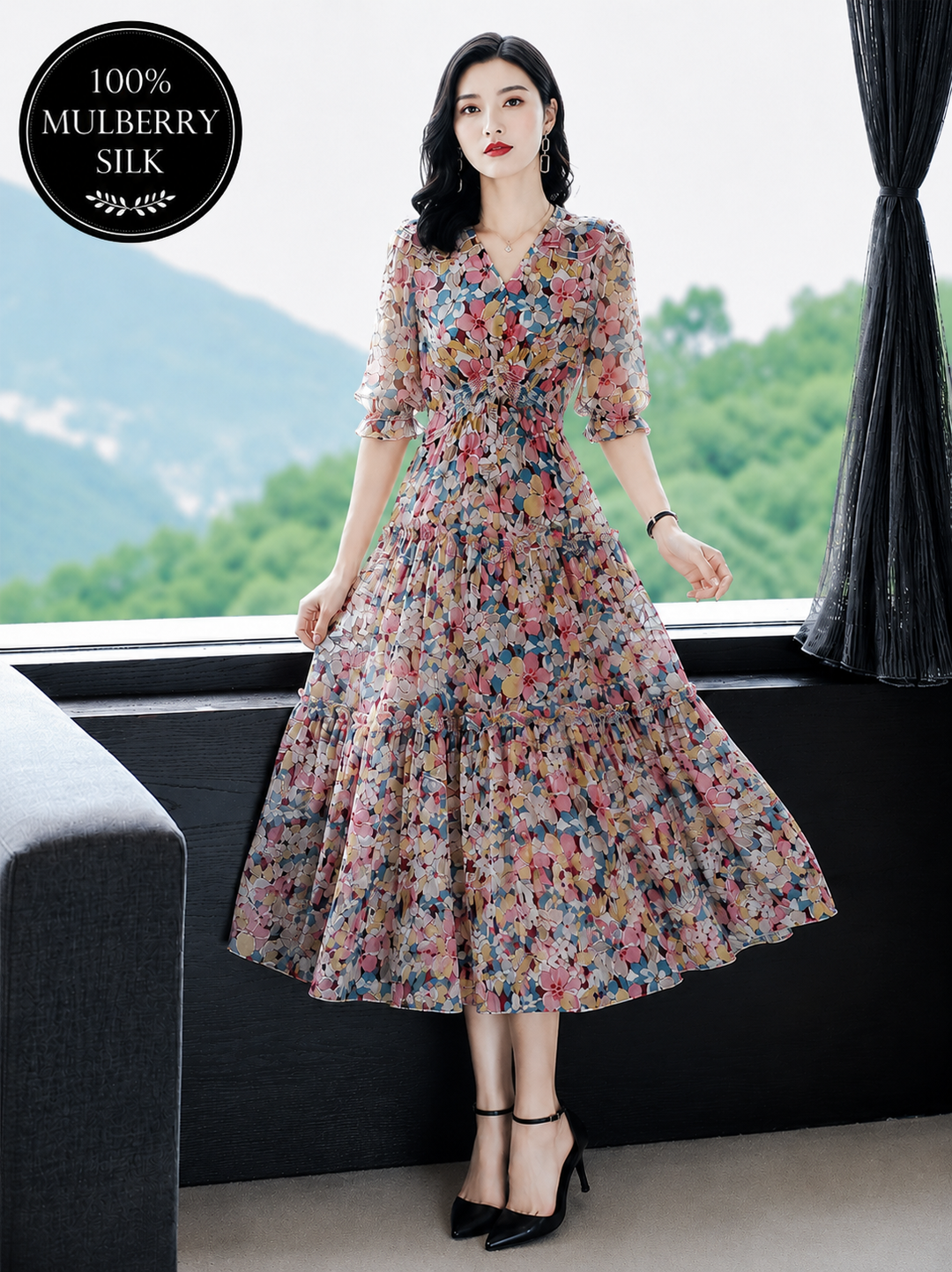 Mulberry Silk Floral Swing Maxi Dress
