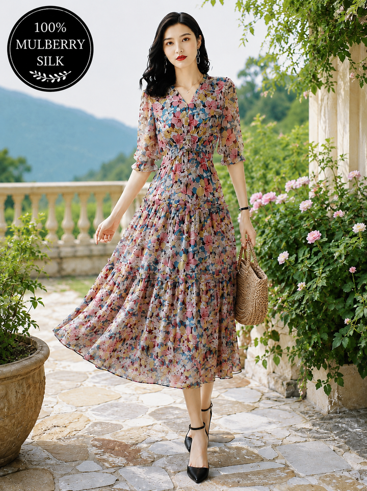 Mulberry Silk Floral Swing Maxi Dress