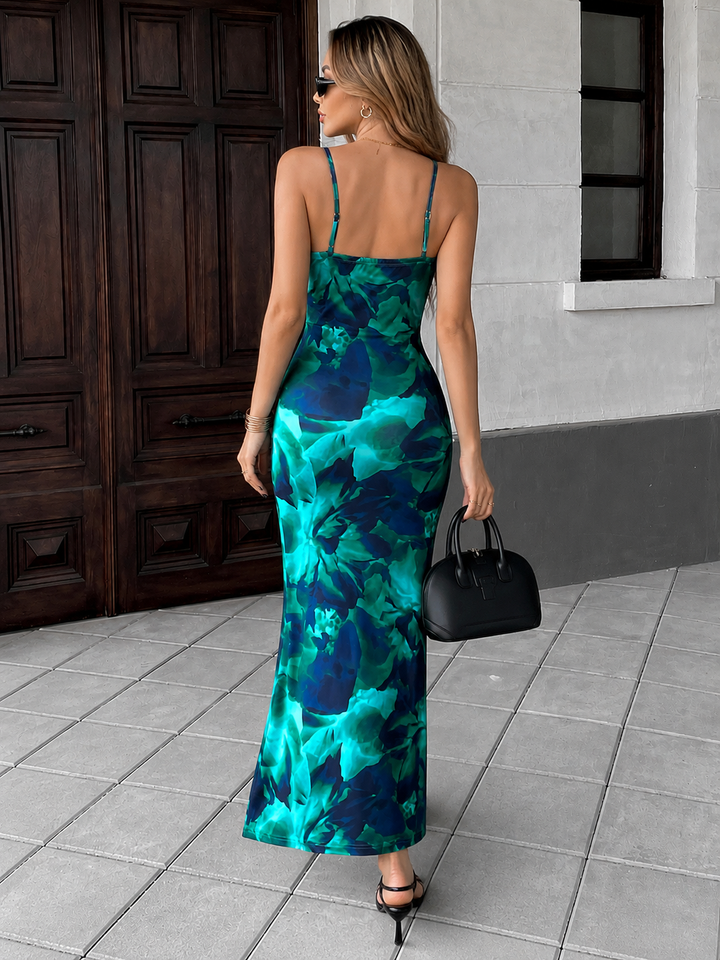 Teal Floral Bodycon Maxi Dress