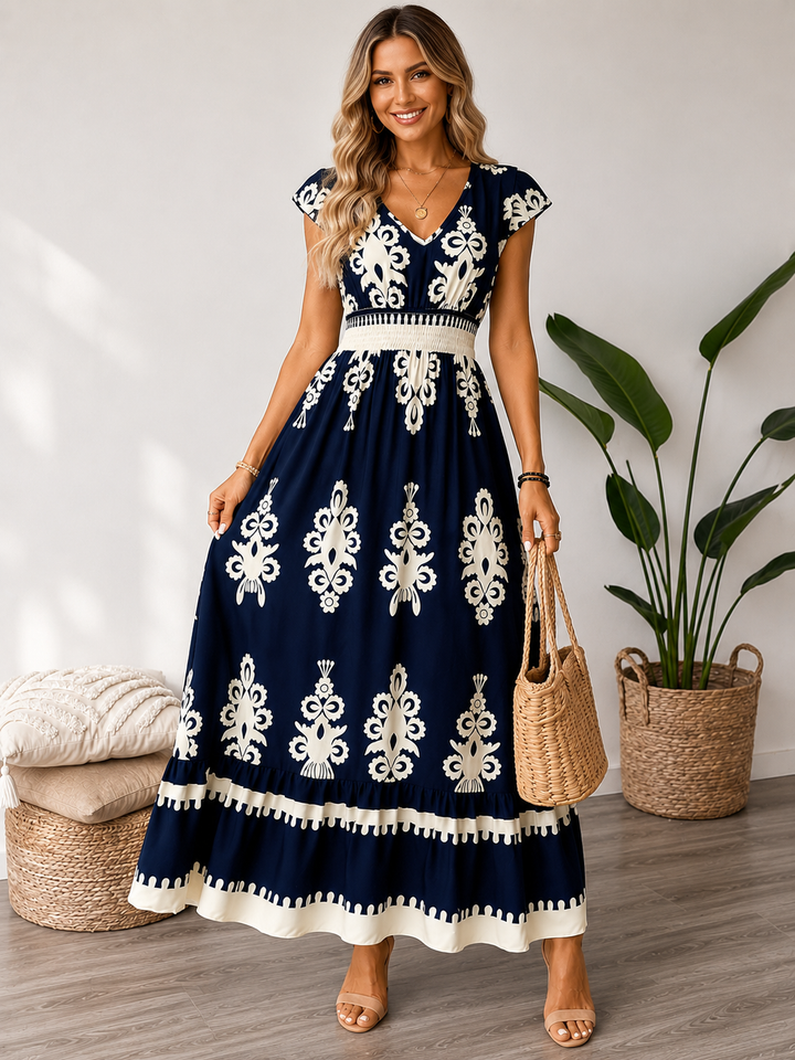 Printed V-Neck Ruffle Midi Dress