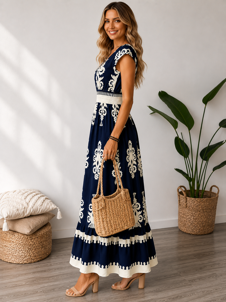 Printed V-Neck Ruffle Midi Dress