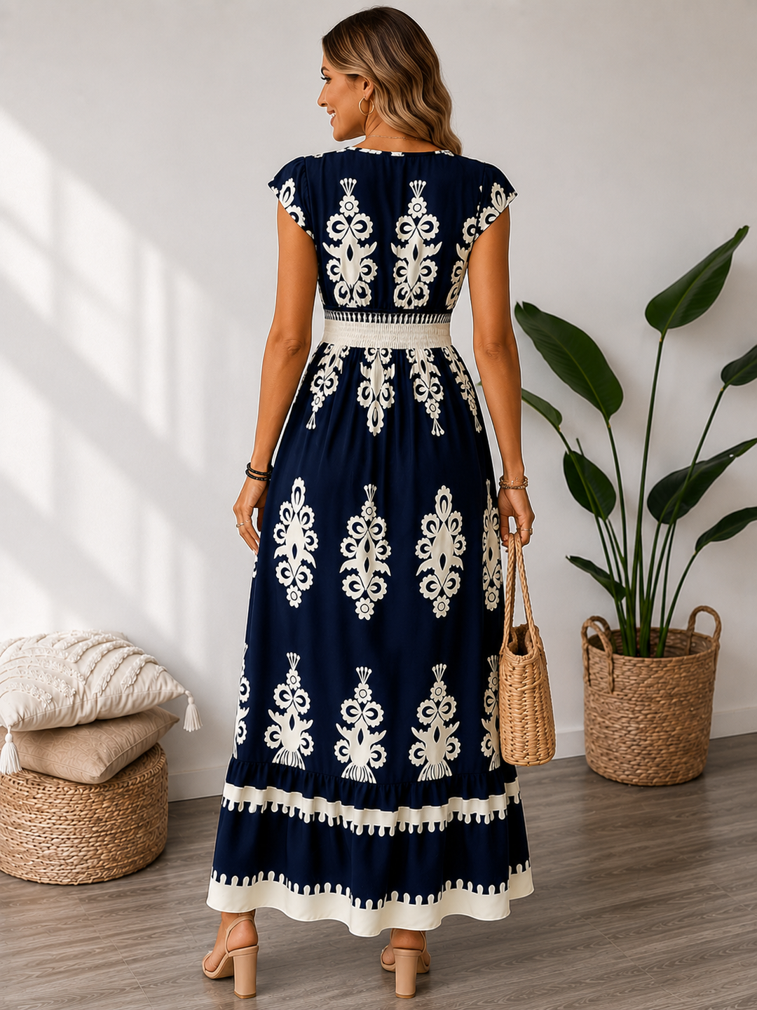 Printed V-Neck Ruffle Midi Dress