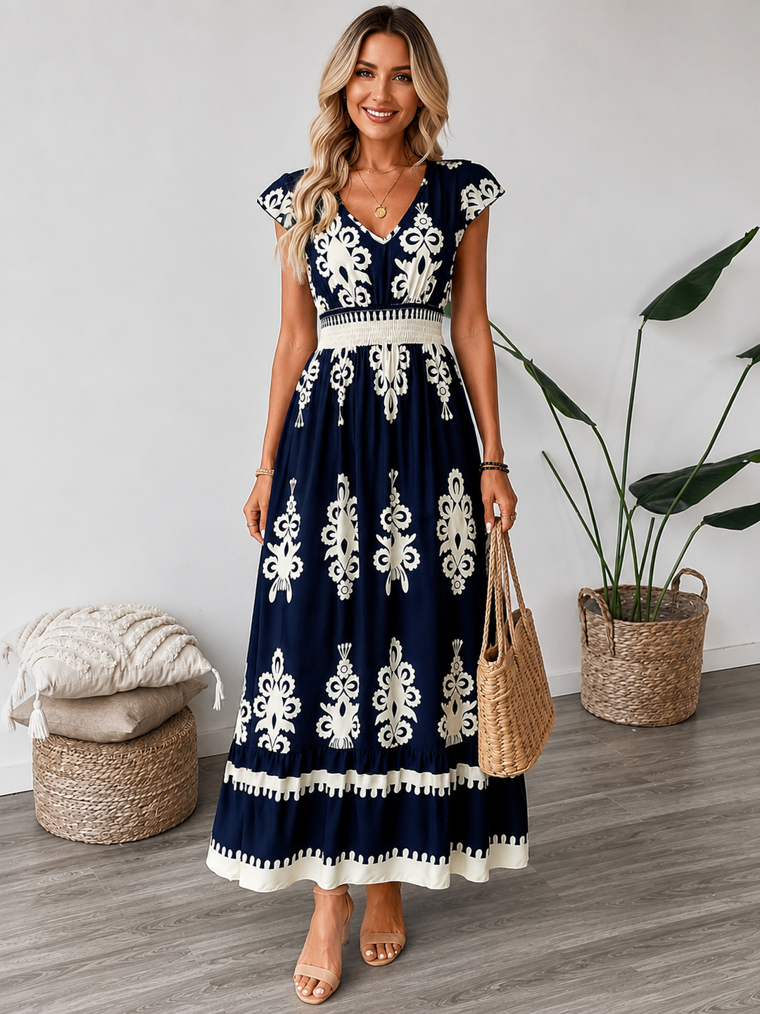 Printed V-Neck Ruffle Midi Dress