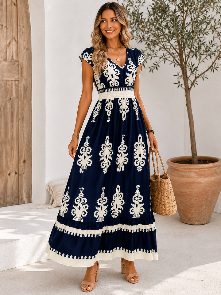 Printed V-Neck Ruffle Midi Dress