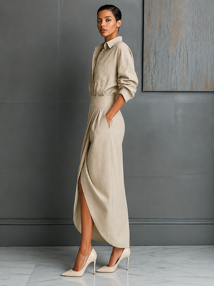 Long Sleeve Wrap Midi Shirt Dress