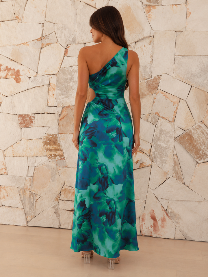 Slant Shoulder Floral Cut-Out Maxi Dress