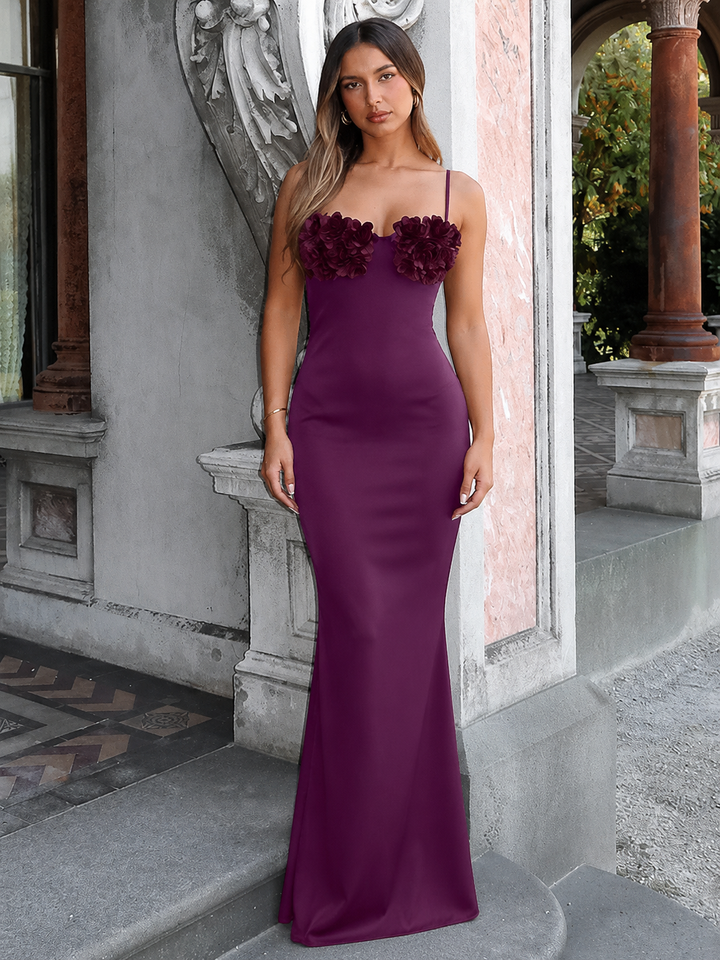 Floral Appliqué Satin Maxi Dress