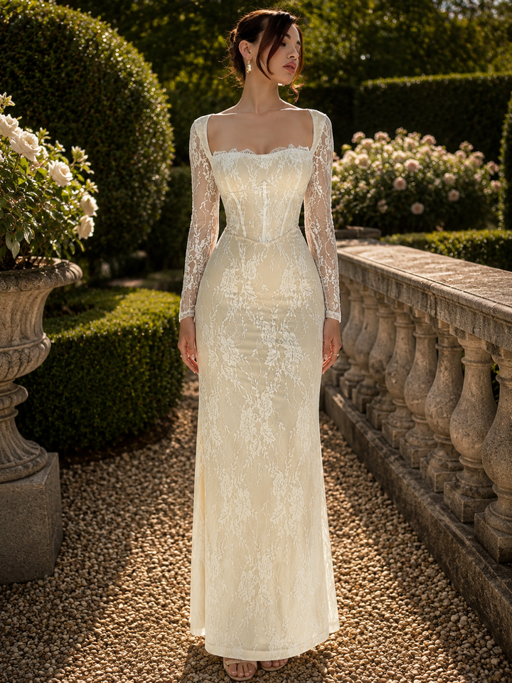 Lace Square Neck Bodycon Maxi Dress