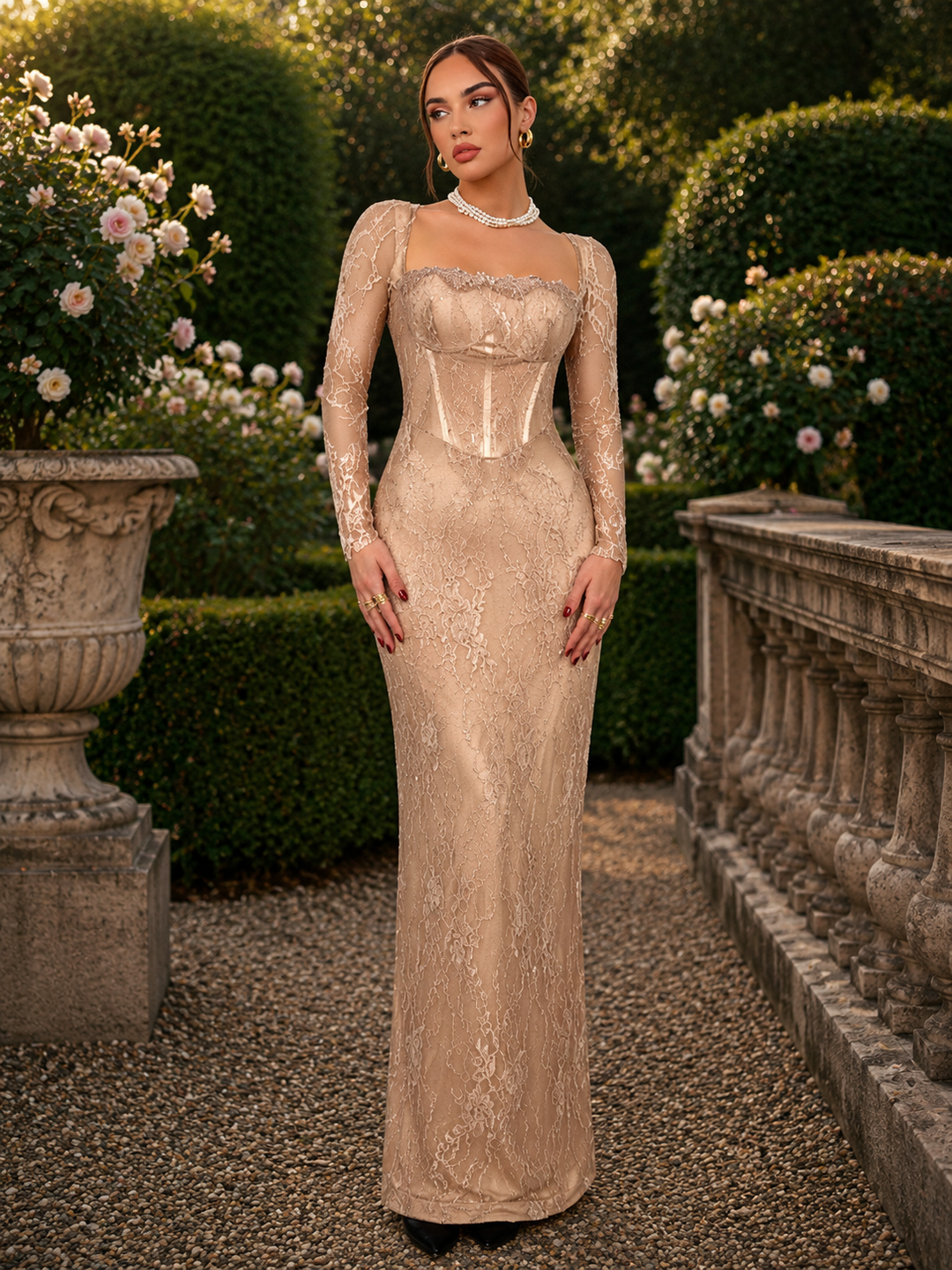 Lace Square Neck Bodycon Maxi Dress