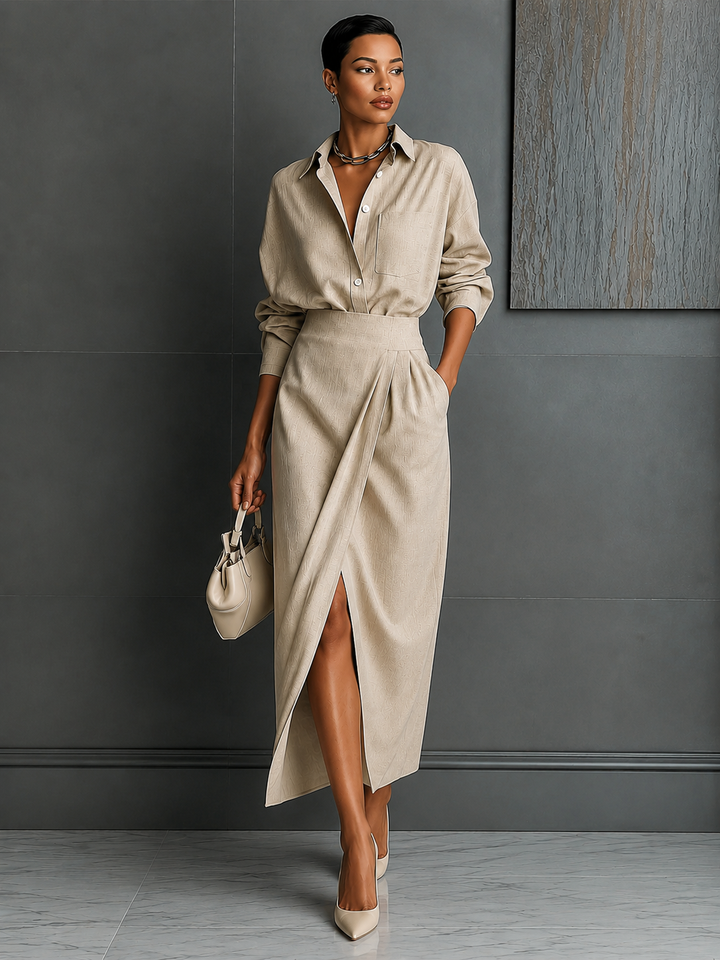 Long Sleeve Wrap Midi Shirt Dress