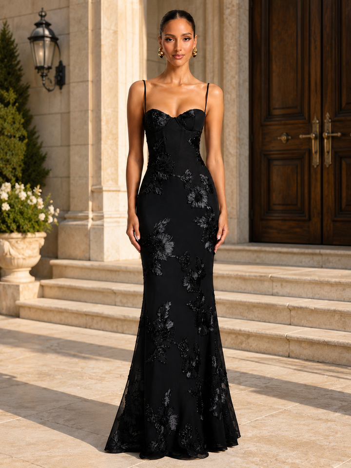 Floral Lace-Up Mermaid Maxi Dress