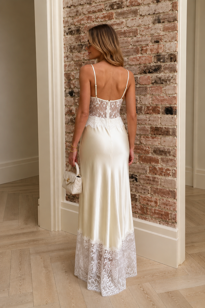 Elegant Lace Satin Maxi Dress – Unleash Your Inner Glamour