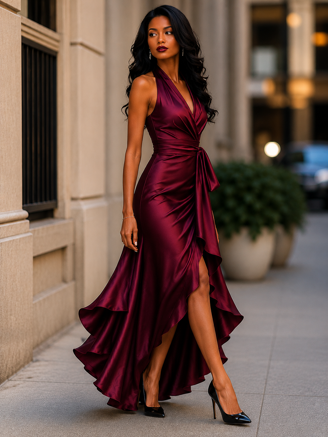 Satin Ruffle Maxi Dress
