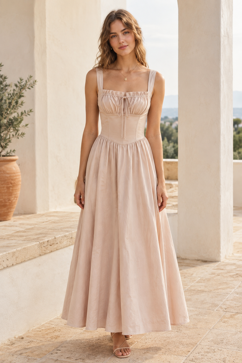 Linen-Blend Corset Maxi Dress