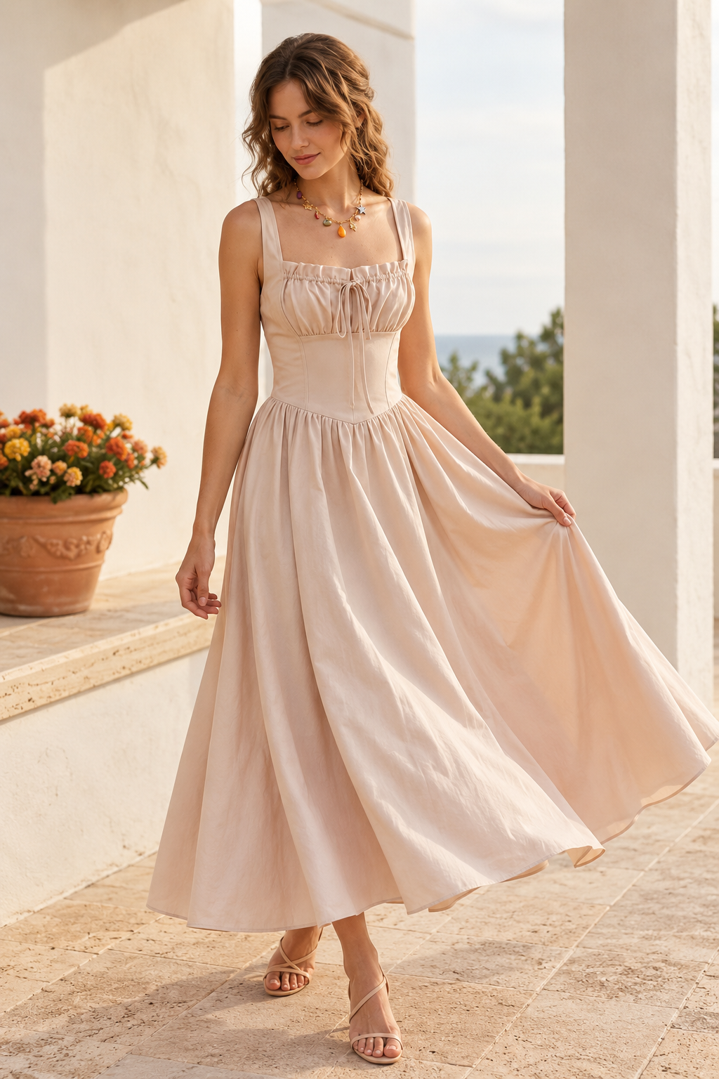 Linen-Blend Corset Maxi Dress