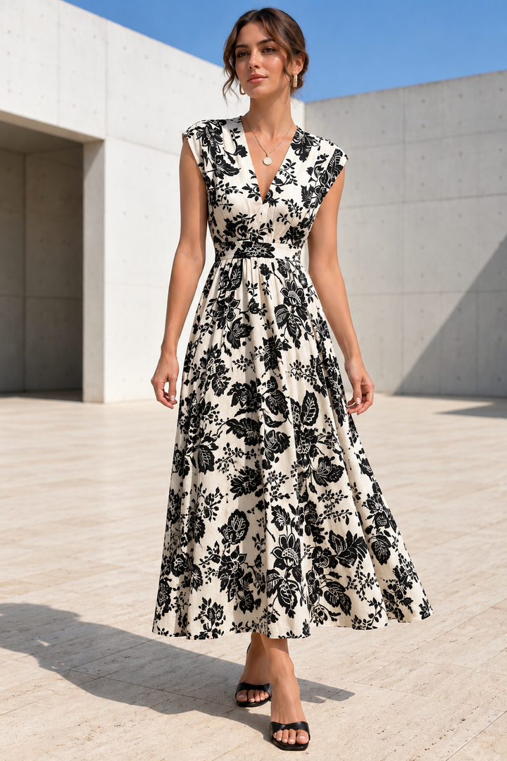 Monochrome Toile Floral Cap-Sleeve Midi Dress
