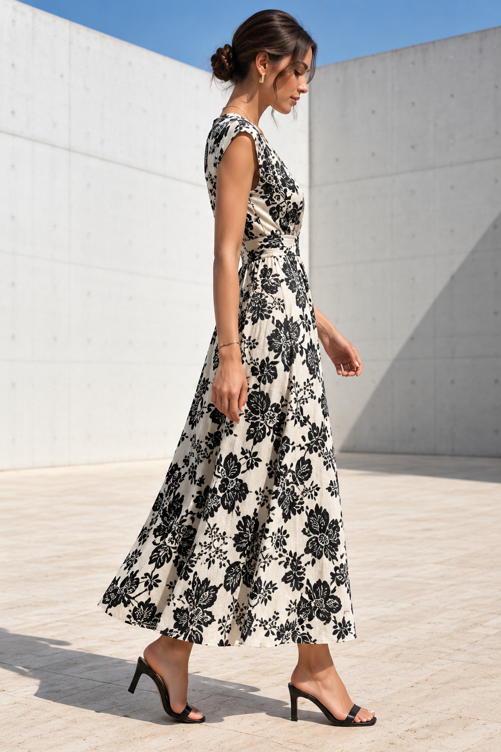 Monochrome Toile Floral Cap-Sleeve Midi Dress