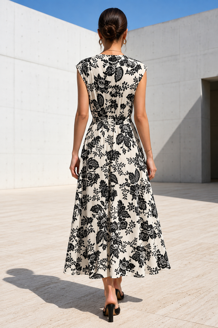 Monochrome Toile Floral Cap-Sleeve Midi Dress