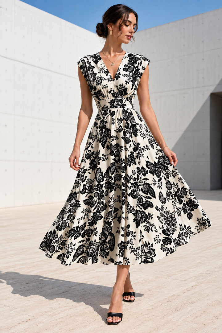 Monochrome Toile Floral Cap-Sleeve Midi Dress