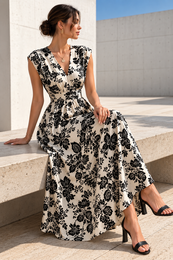 Monochrome Toile Floral Cap-Sleeve Midi Dress