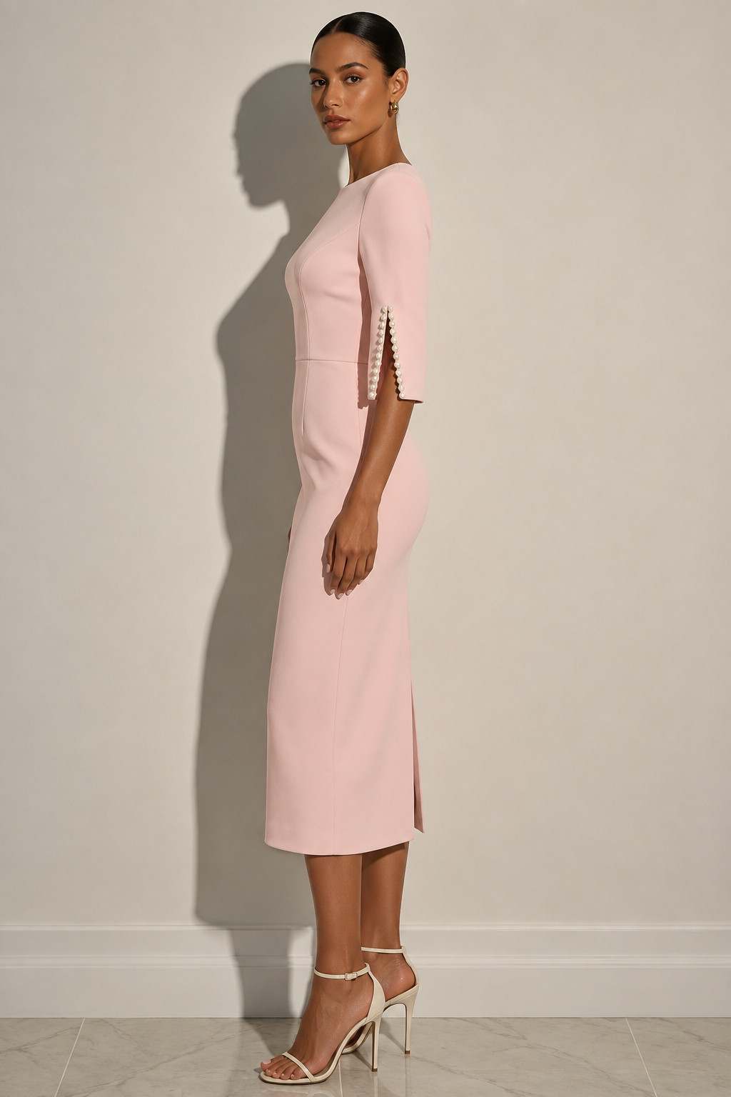 Pearl-Embellished Slit Sleeve Midi Dress