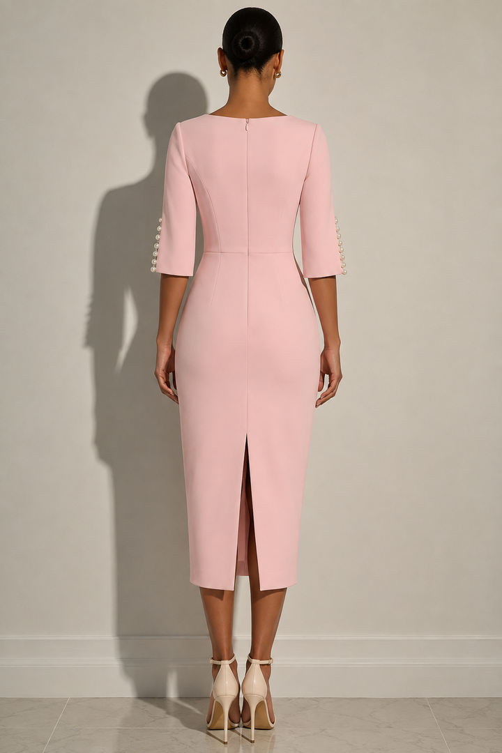Pearl-Embellished Slit Sleeve Midi Dress