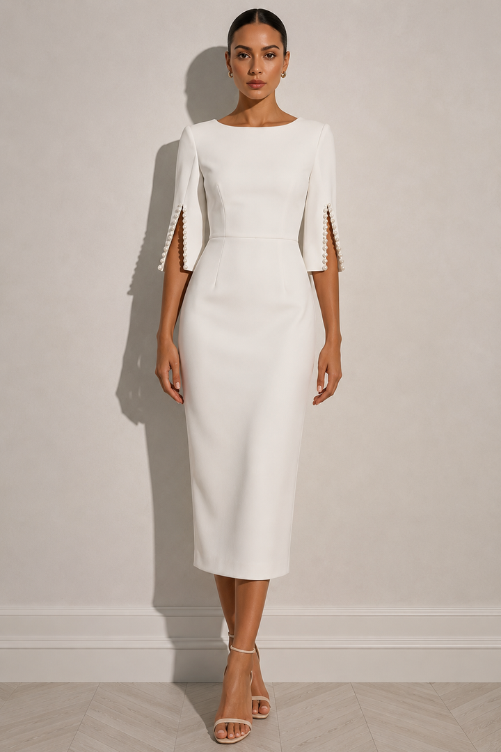 Pearl-Embellished Slit Sleeve Midi Dress