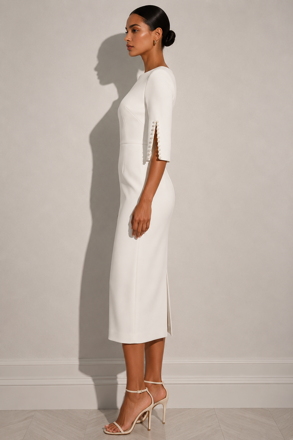 Pearl-Embellished Slit Sleeve Midi Dress