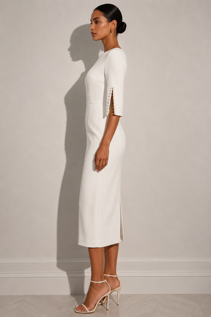 Pearl-Embellished Slit Sleeve Midi Dress