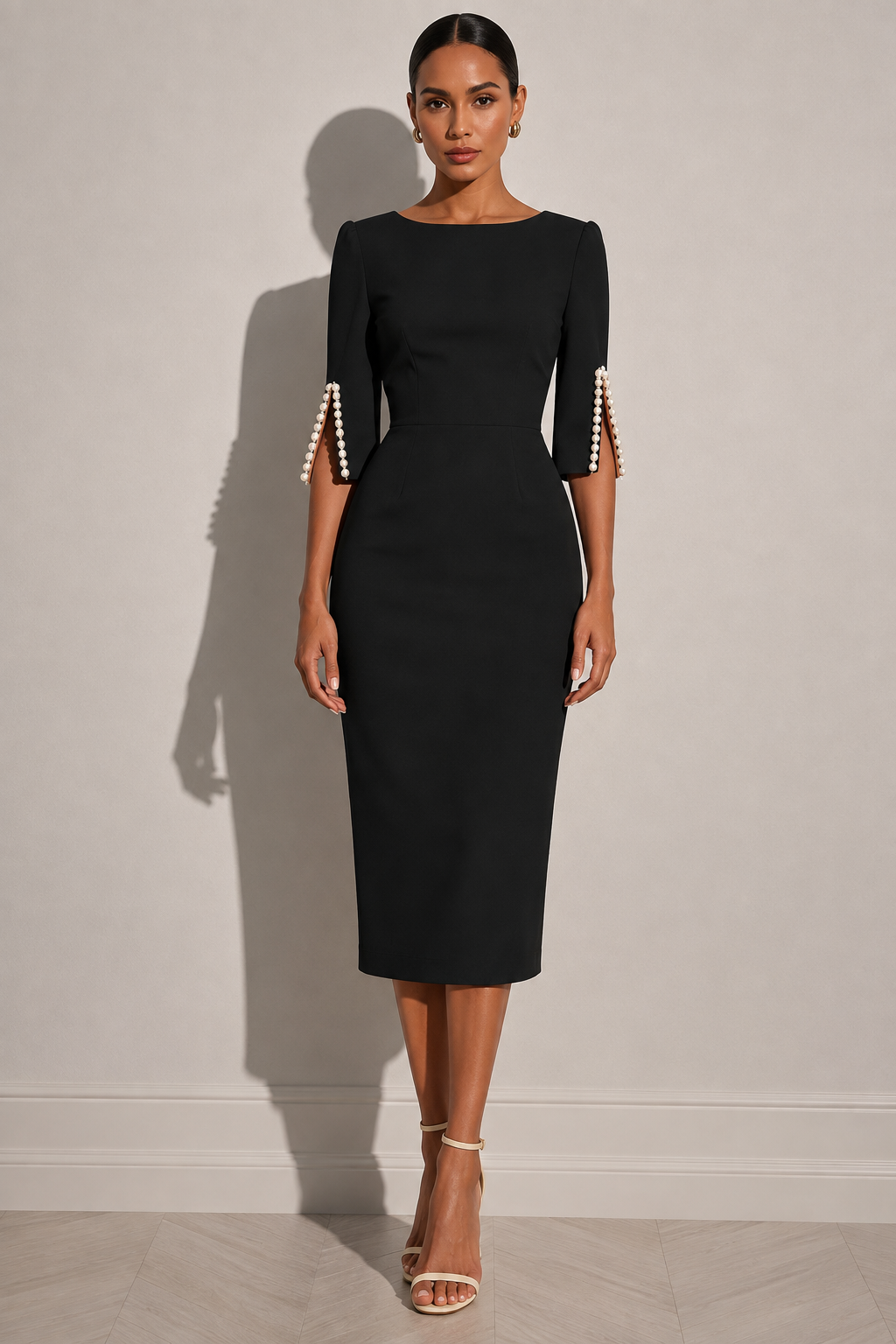 Pearl-Embellished Slit Sleeve Midi Dress