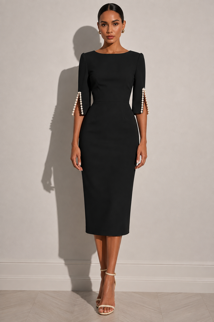 Pearl-Embellished Slit Sleeve Midi Dress