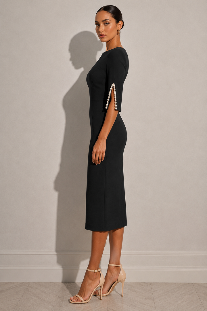 Pearl-Embellished Slit Sleeve Midi Dress
